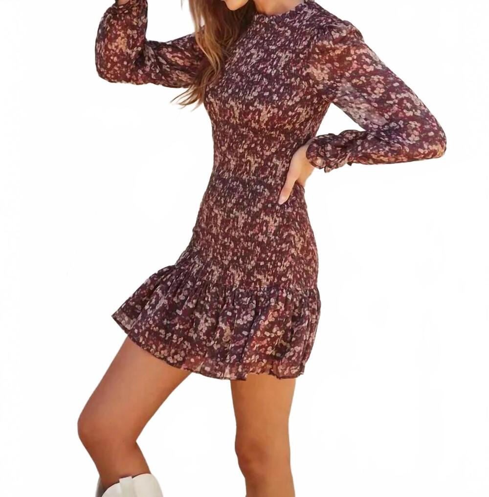 NEW DRESS FORUM floral ruffled hem smocked mini dress in burgundy multi